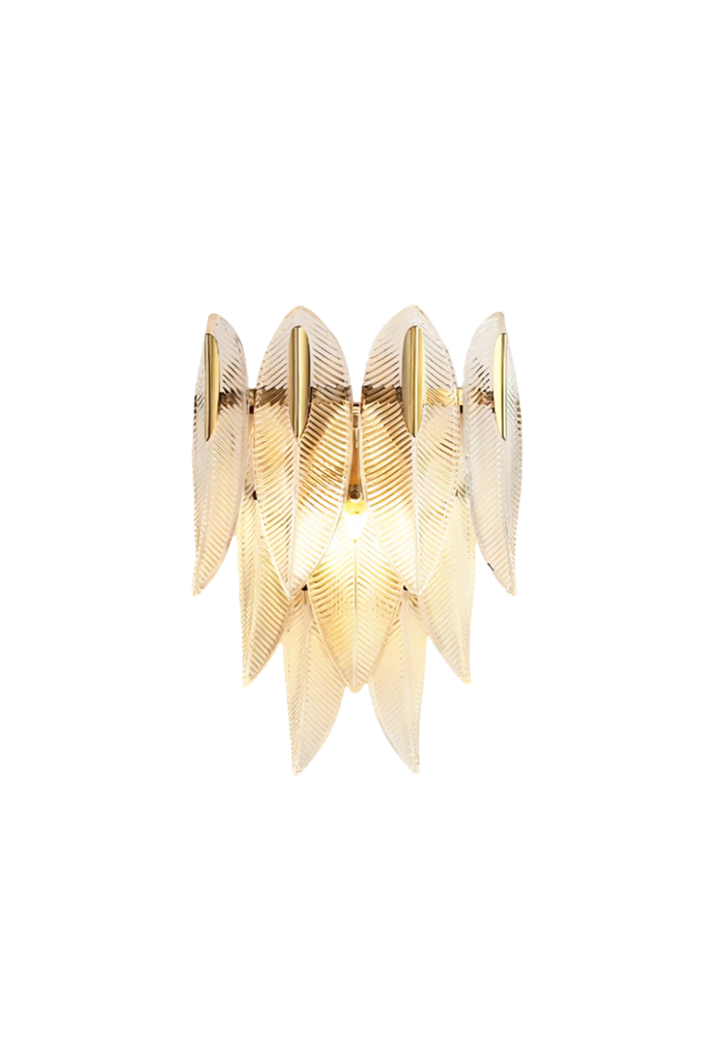 Elowen Cascading Glass Wall Lamp | Glass, Metal | Fully lit luxury modern wall sconce featuring layered, textured clear glass leaf panels arranged in a cascading silhouette on a polished gold brass frame | Isolated product shot on white background | Samu Lamp