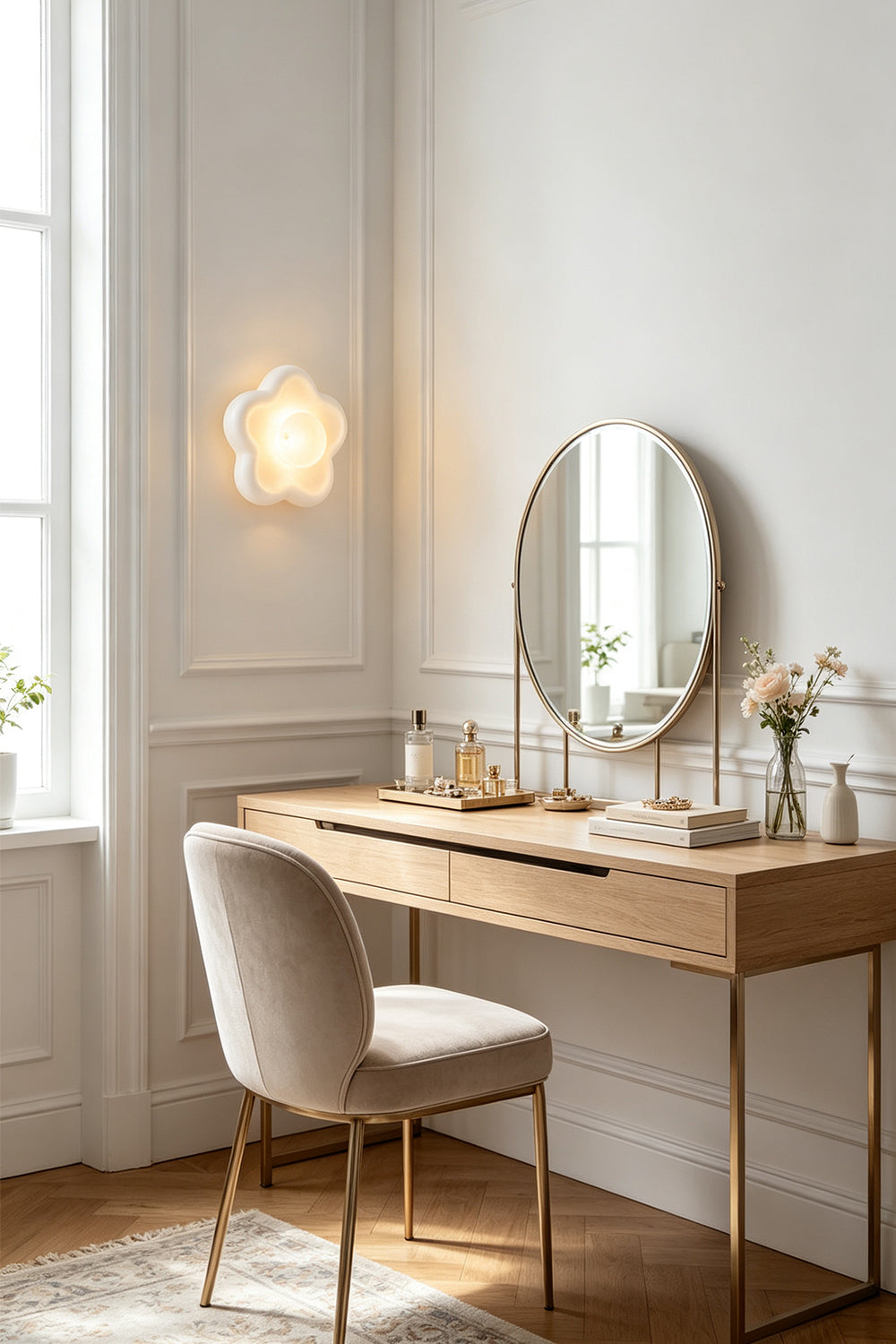 Elowen Petal Alabaster Wall Sconce | Natural Alabaster | Styled in a bright dressing room area above a wooden vanity desk with a round mirror and chair | Samu Lamp