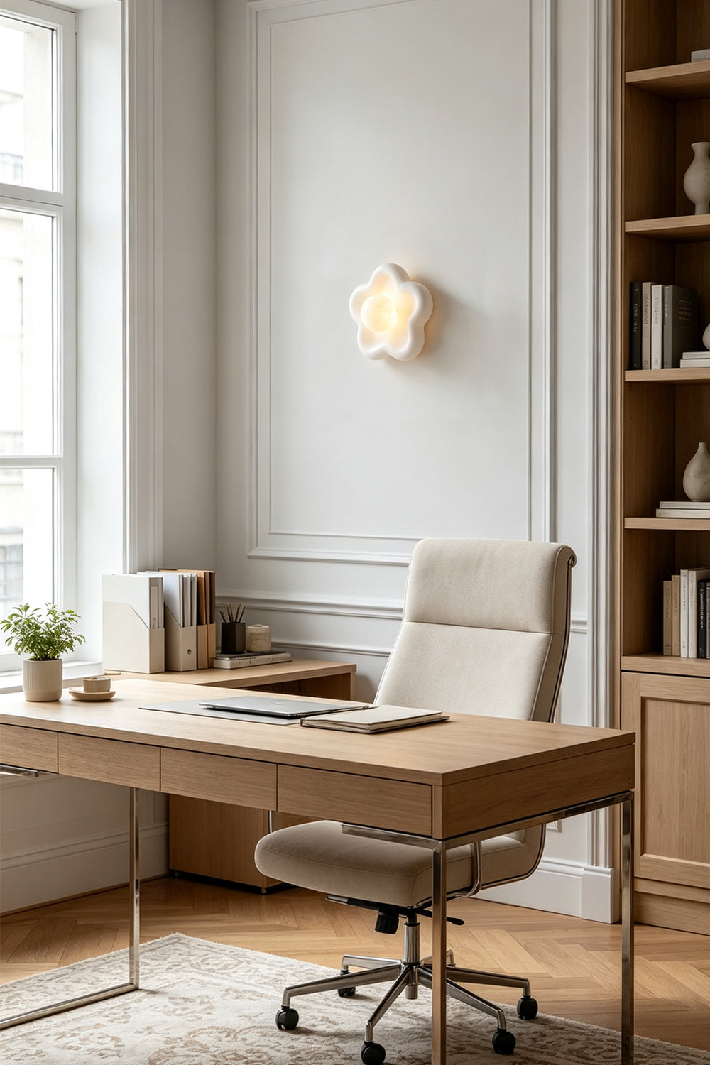 Elowen Petal Alabaster Wall Sconce | Natural Alabaster | Positioned on a home office wall next to a sleek wooden desk and a plush beige office chair | Samu Lamp