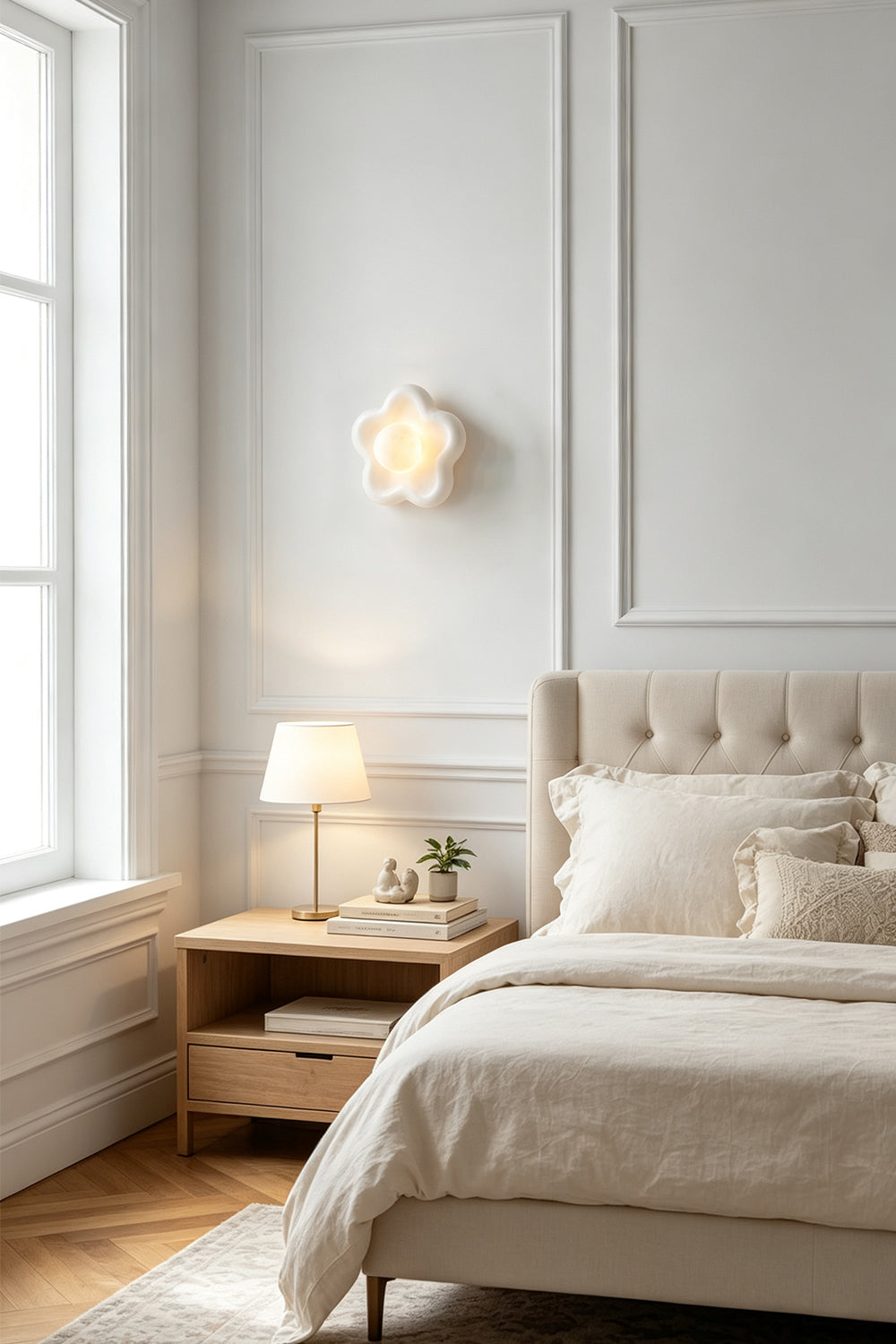 Elowen Petal Alabaster Wall Sconce | Natural Alabaster | Installed on a white wall above a wooden nightstand in a cozy bedroom next to a beige bed | Samu Lamp