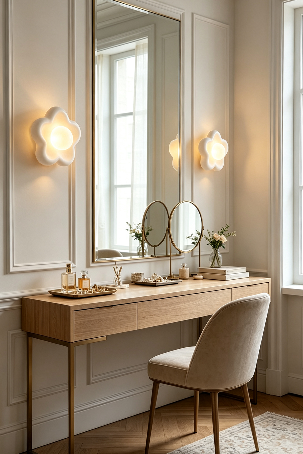 Elowen Petal Alabaster Wall Sconce | Natural Alabaster | A pair of flower sconces mounted on both sides of a large mirror over a wooden makeup vanity table | Samu Lamp