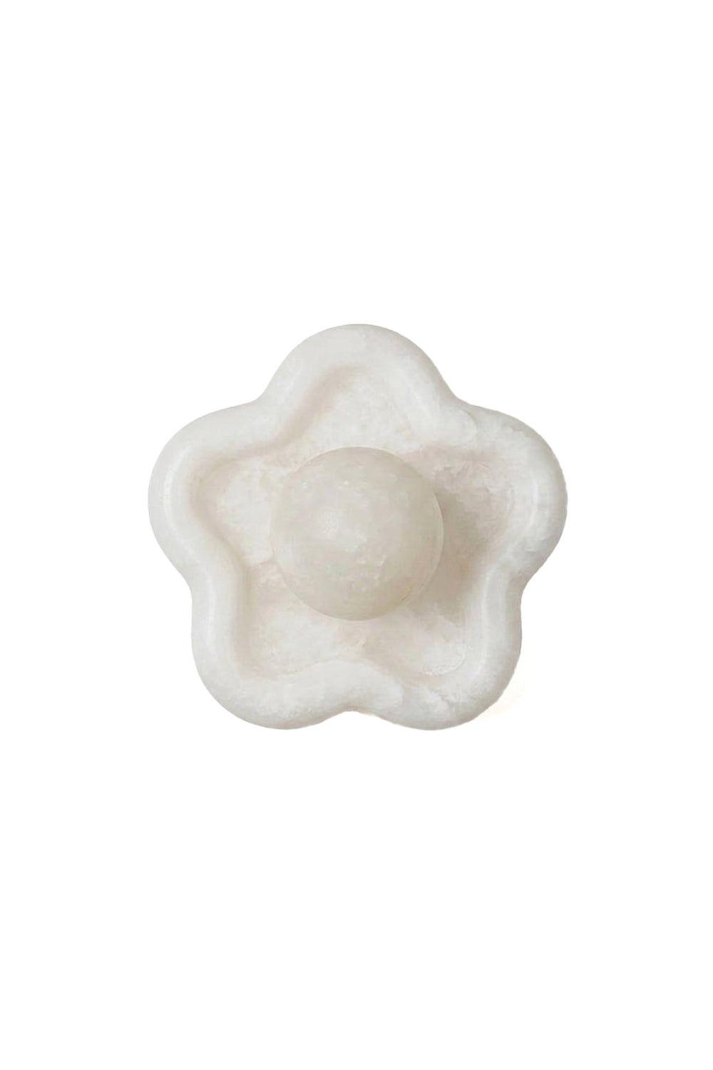 Elowen Petal Alabaster Wall Sconce | Natural Alabaster | Unlit front view isolated on a pure white background showing the five-petal flower shape and central bulb | Samu Lamp