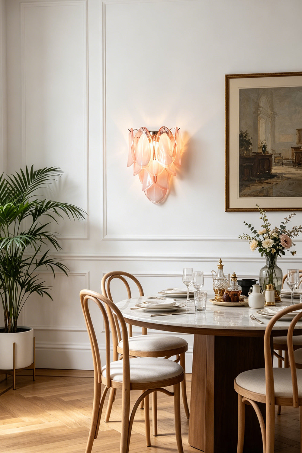 Elysian Bloom Glass Wall Lamp | Metal, Glass | Adding a soft glow above a round wooden dining table in a classic dining area | Samu Lamp