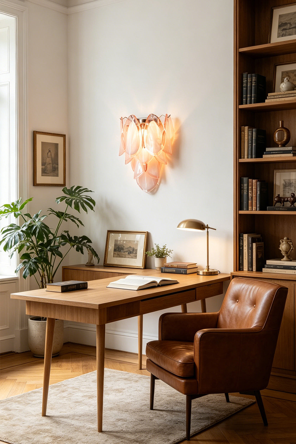 Elysian Bloom Glass Wall Lamp | Metal, Glass | Wall-mounted in a warm home office above a wooden desk and leather chair | Samu Lamp
