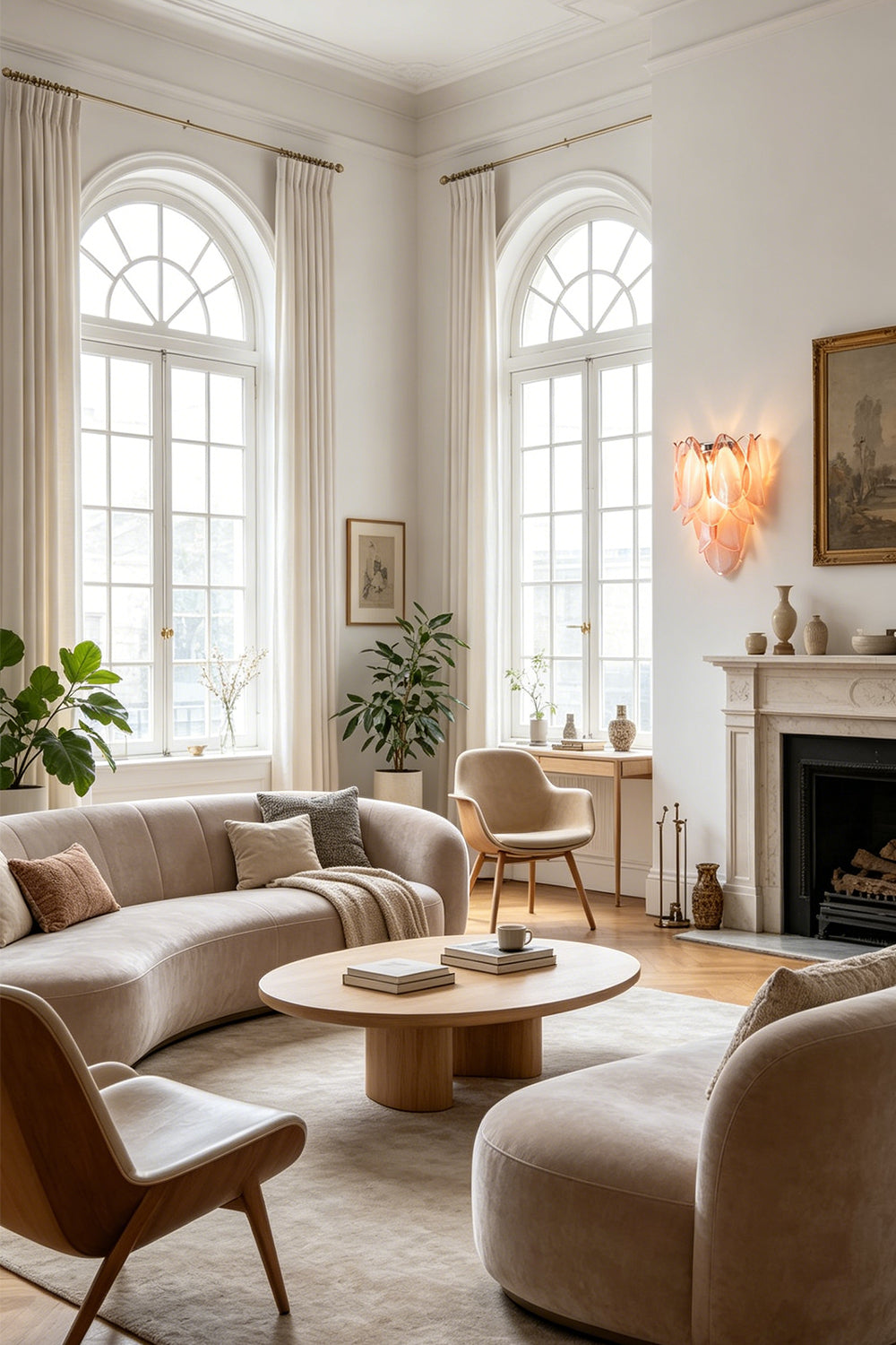 Elysian Bloom Glass Wall Lamp | Metal, Glass | Placed near large arched windows in a bright, sophisticated living room | Samu Lamp