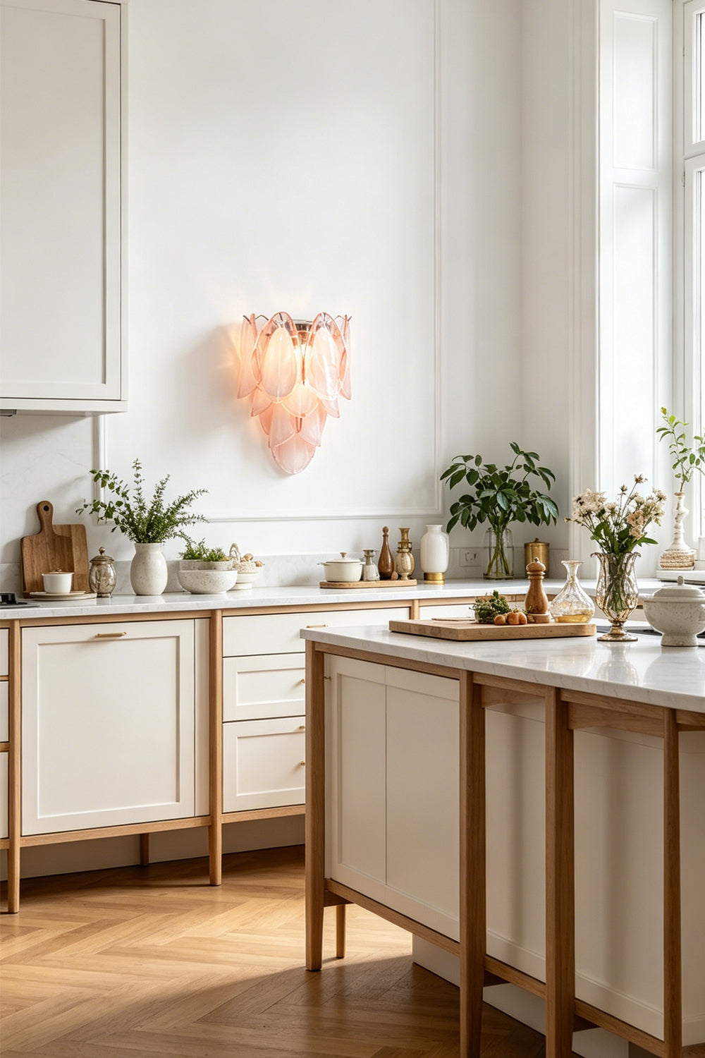 Elysian Bloom Glass Wall Lamp | Metal, Glass | Mounted on a white wall in a contemporary kitchen with a cream island | Samu Lamp
