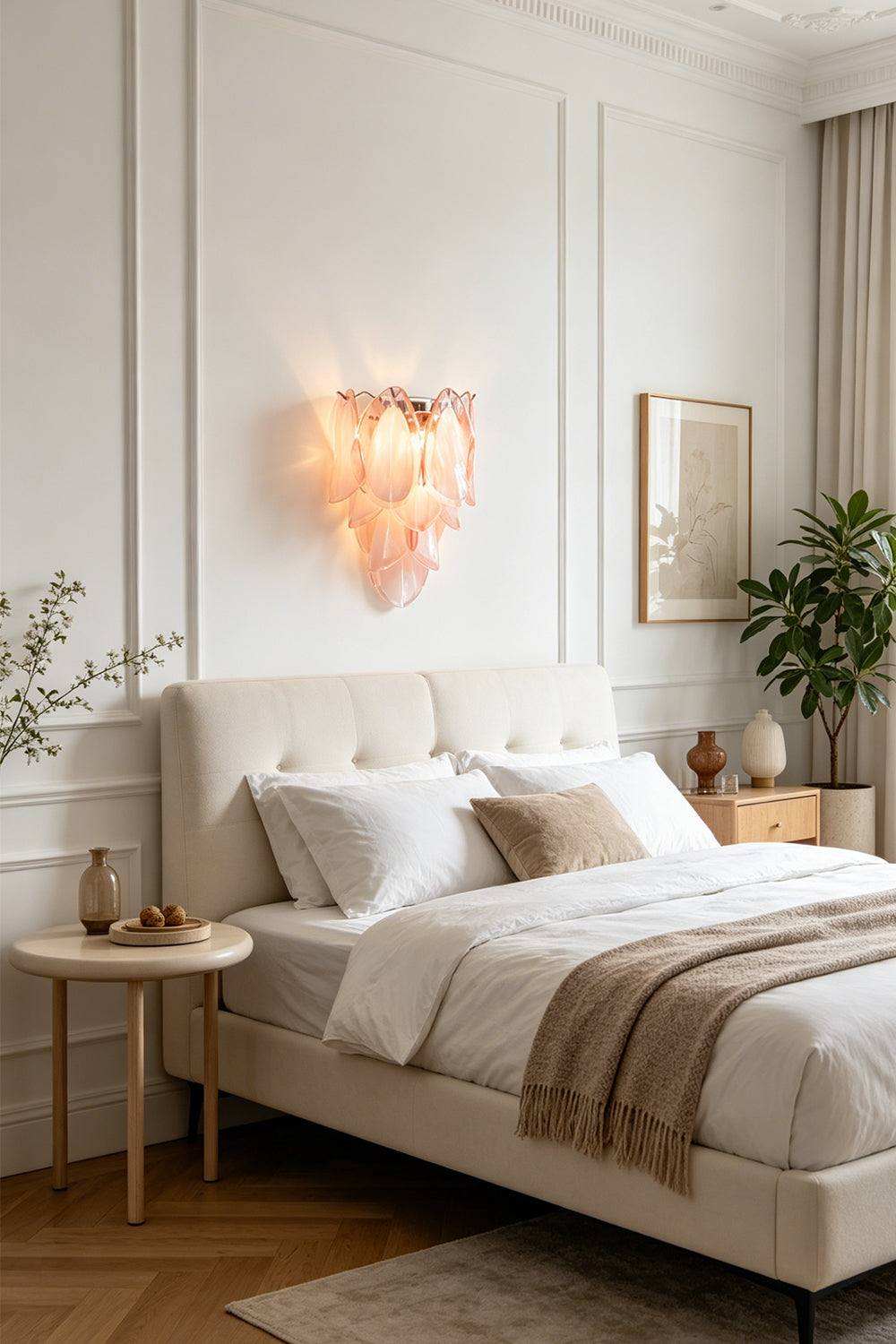 Elysian Bloom Glass Wall Lamp | Metal, Glass | Mounted as elegant bedside lighting in a serene bedroom with a neutral upholstered bed | Samu Lamp