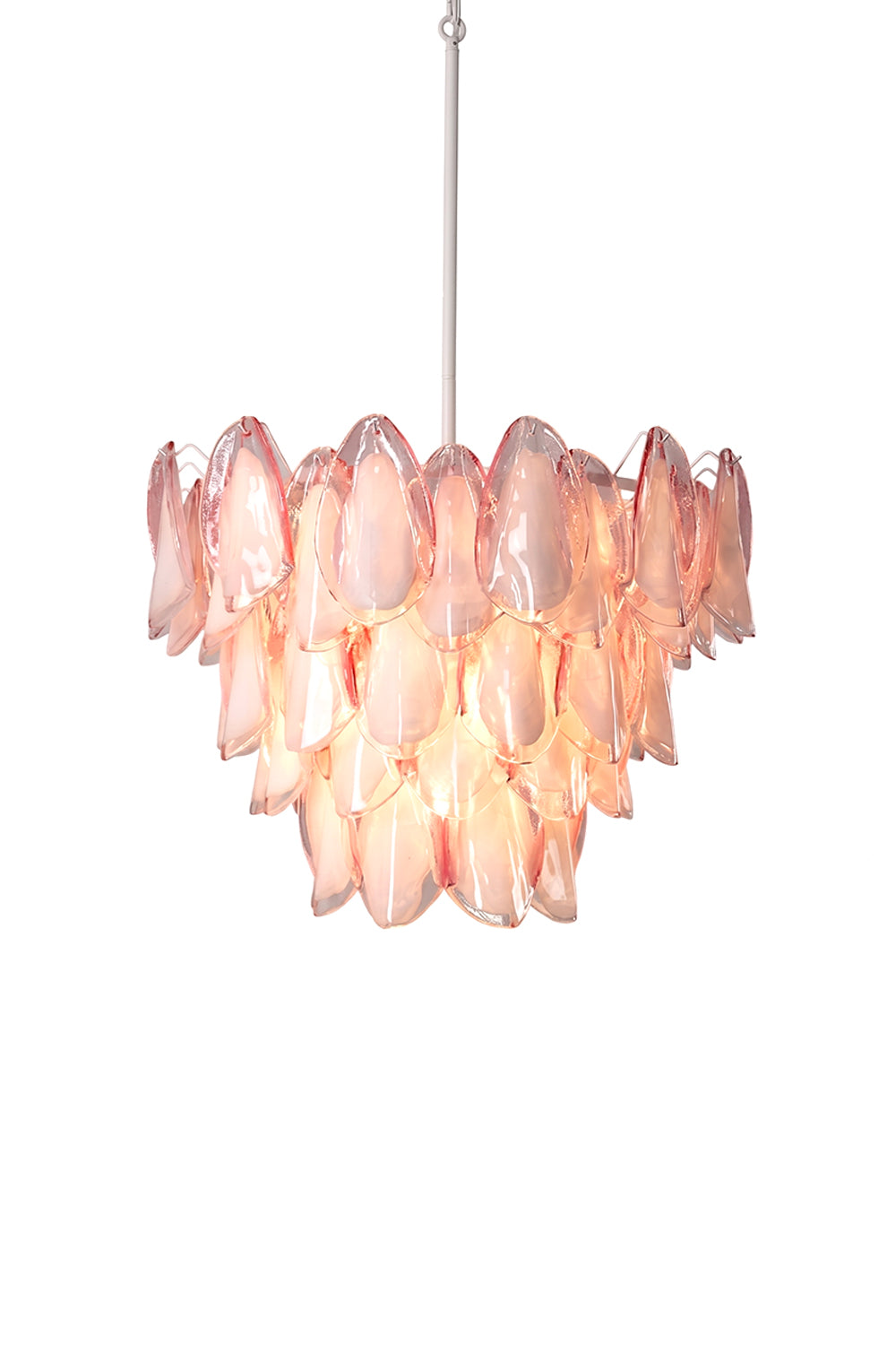 Elysian Bloom Rose Glass Chandelier | Metal, Glass | Multi-tiered chandelier with layered rose pink leaf-shaped glass petals and white suspension rod | Isolated lit product shot on white background | Samu Lamp
