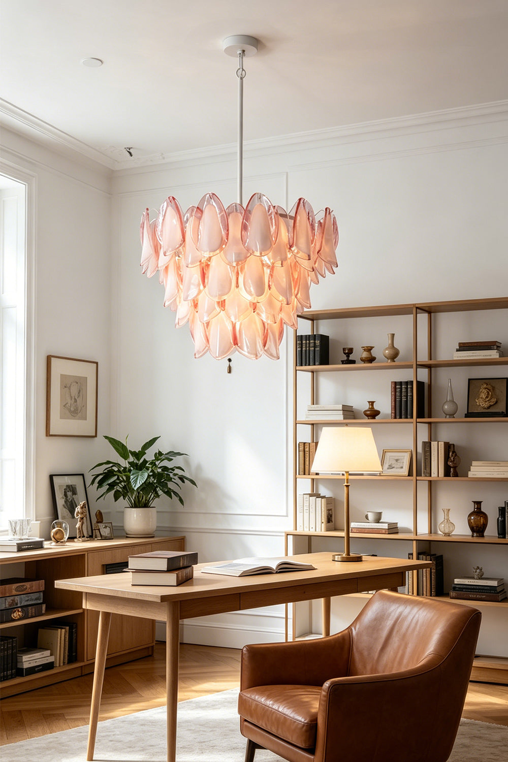 Elysian Bloom Rose Glass Chandelier | Metal, Glass | Providing warm ambient light in a spacious home office above a wooden desk and leather chair | Samu Lamp