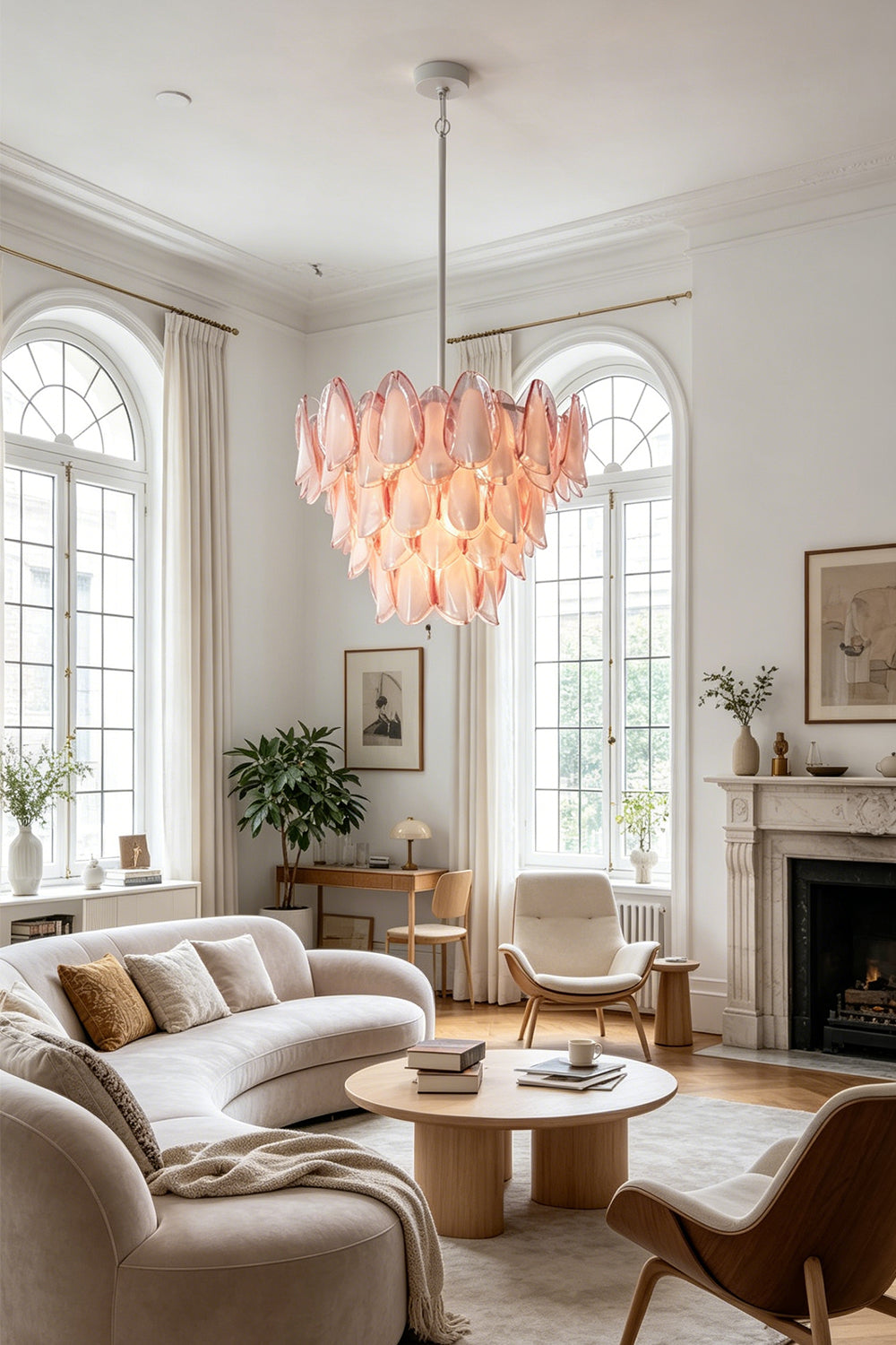 Elysian Bloom Rose Glass Chandelier | Metal, Glass | Illuminating an elegant, high-ceiling living room with a curved sofa and arched windows | Samu Lamp