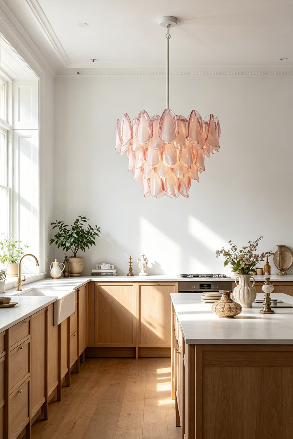 Elysian Bloom Rose Glass Chandelier | Metal, Glass | Suspended as central lighting in a bright, modern kitchen with wooden cabinetry | Samu Lamp