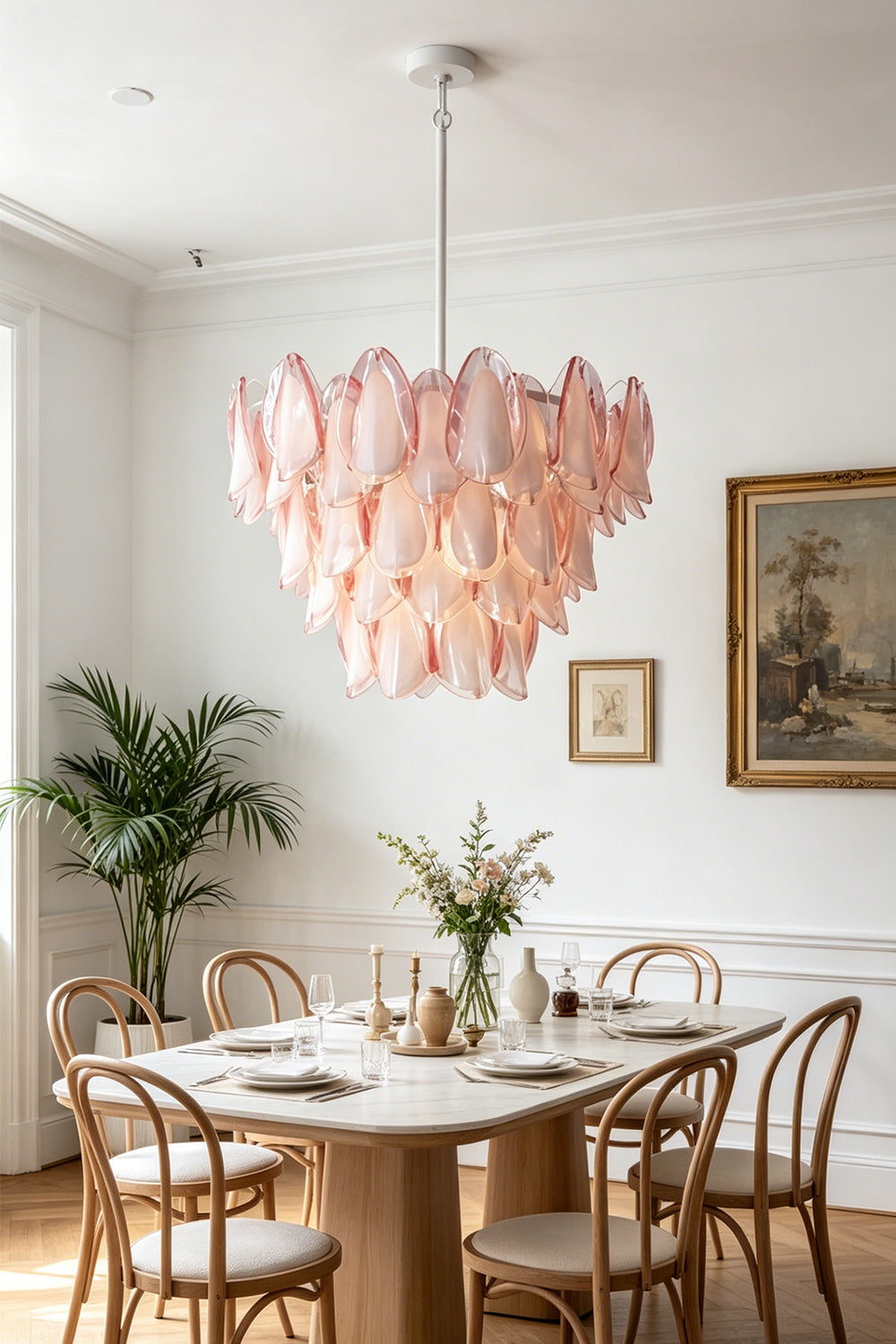 Elysian Bloom Rose Glass Chandelier | Metal, Glass | Hanging above an oval wooden dining table and chairs in a classically decorated room | Samu Lamp
