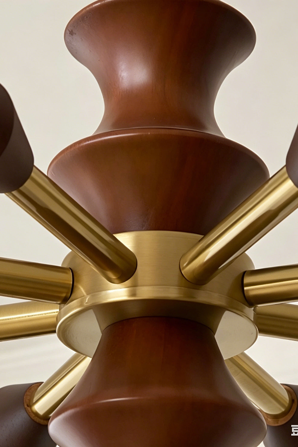 Macro shot of the central wooden hub and brass arms | Wood, Metal | Focus on the craftsmanship and materials | Samu Lamp
