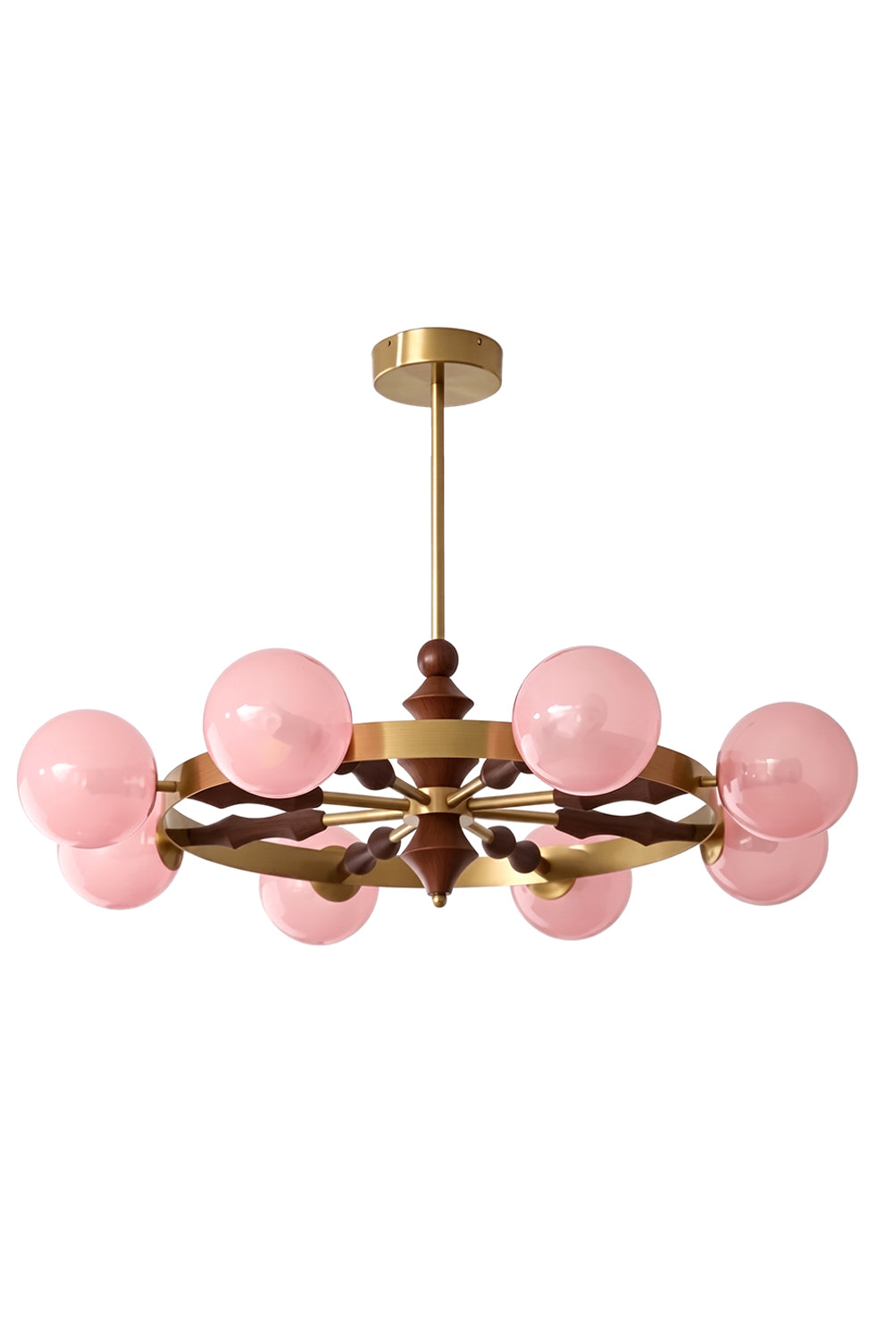 Elysian Circlet Wood & Glass Chandelier with pink globes | Metal, Glass, Wood | Front view isolated on white background | Samu Lamp