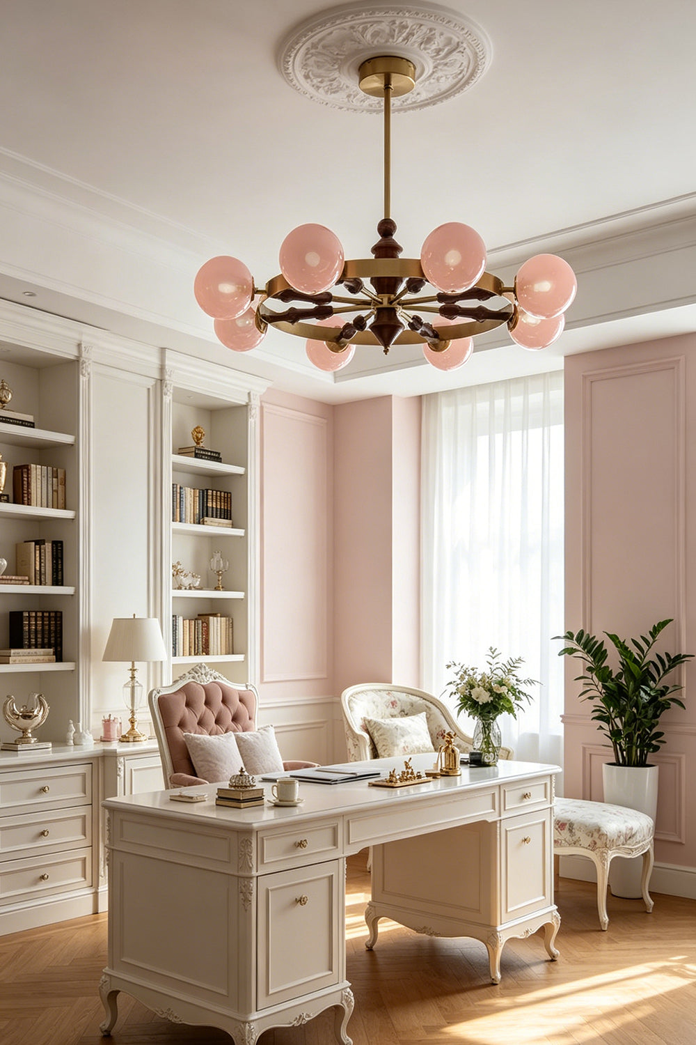 Elegant pink globe chandelier in a traditional study room | Metal, Glass, Wood | Classic interior with white cabinetry and natural light | Samu Lamp