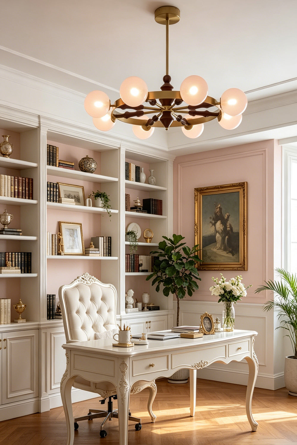 Pink glass globe chandelier in a classic white home office | Metal, Glass, Wood | Interior scene with bookshelves and a white desk | Samu Lamp