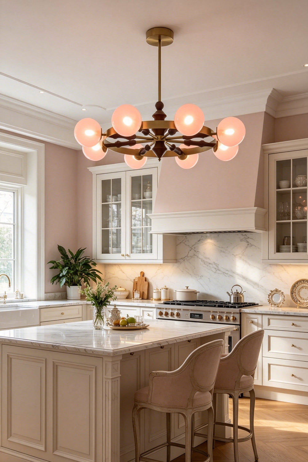 Elysian Circlet Chandelier in a modern classic kitchen | Metal, Glass, Wood | Installed over a marble island with pink stools | Samu Lamp