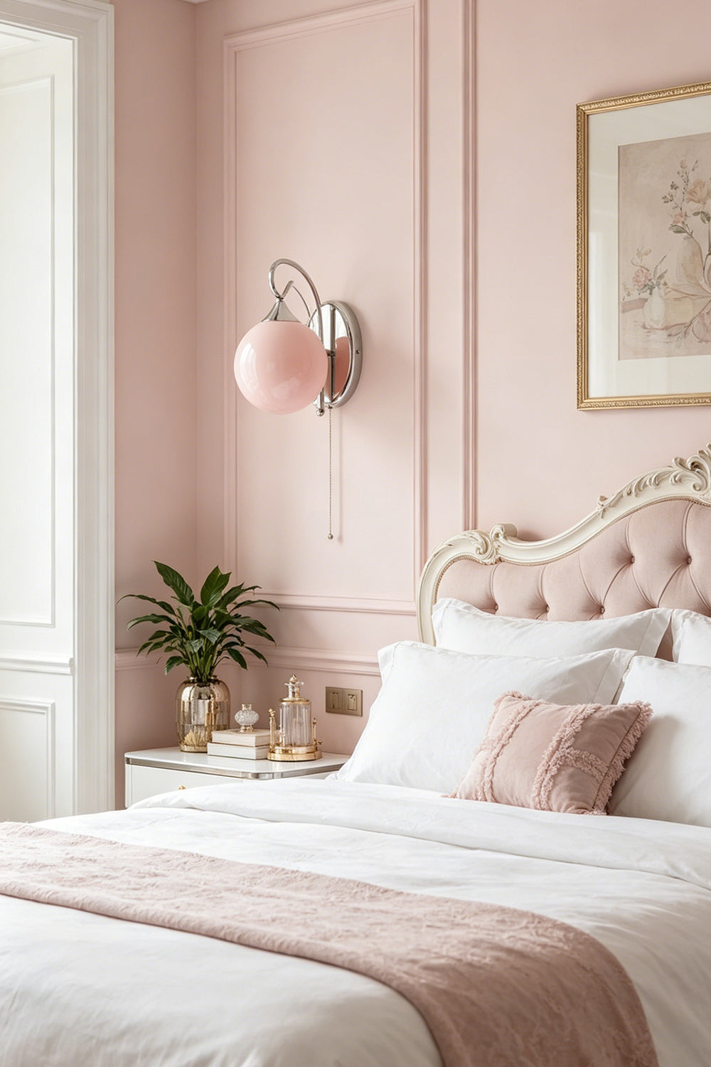Single pink glass wall light | Metal, Glass | Bedside installation in feminine classic bedroom | Samu Lamp