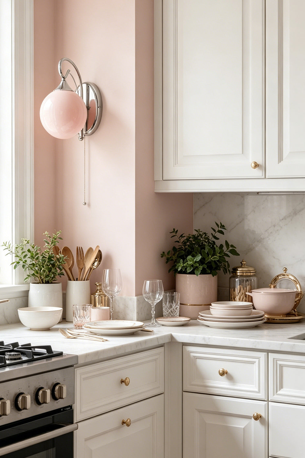 Pink glass wall lamp with soft glow | Metal, Glass | Kitchen corner with wooden counter | Samu Lamp