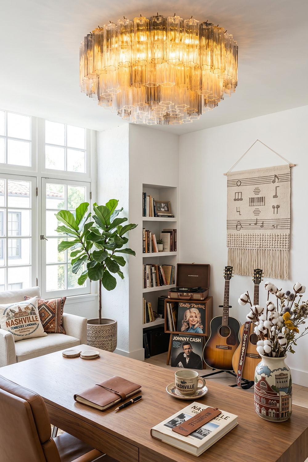Elysian Tiered Fluted Ceiling Light | Glass, Metal | Installed as grand overhead room lighting in a warm bohemian office space with books, guitars, and a wooden writing desk | Samu Lamp
