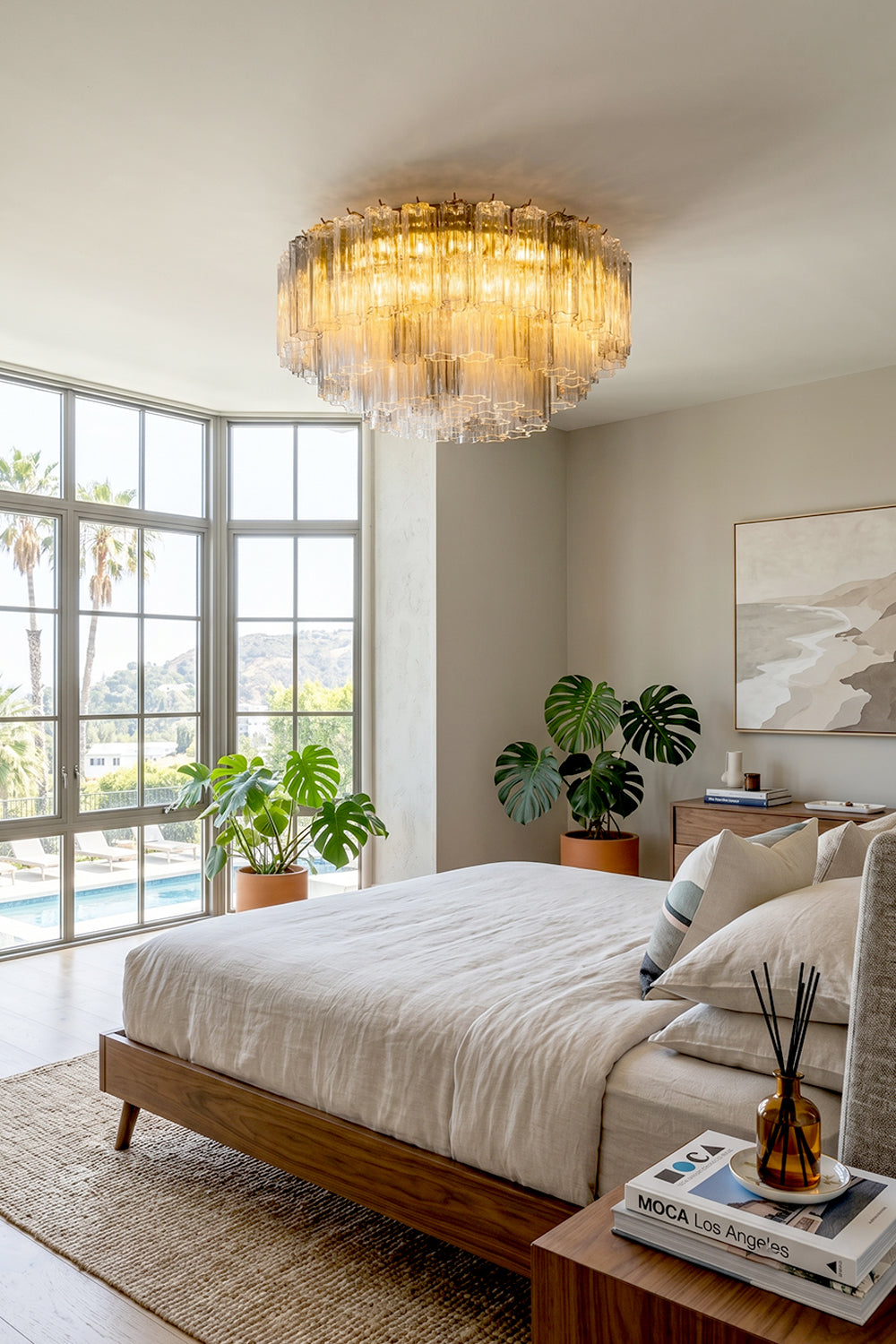 Elysian Tiered Fluted Ceiling Light | Glass, Metal | Positioned as a cozy ceiling fixture in a sunlit modern neutral bedroom with large grid windows and potted plants | Samu Lamp