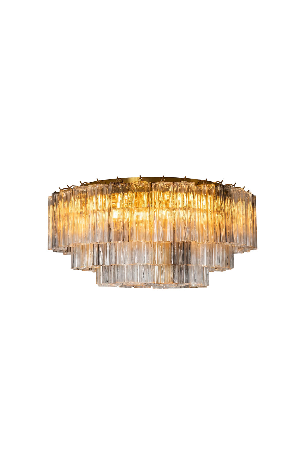 Elysian Tiered Fluted Ceiling Light | Glass, Metal | Multi-tiered concentric crystal flush mount ceiling lamp featuring vertical fluted ribbed glass rods and a gold metal frame | Isolated lit product shot on white background | Samu Lamp
