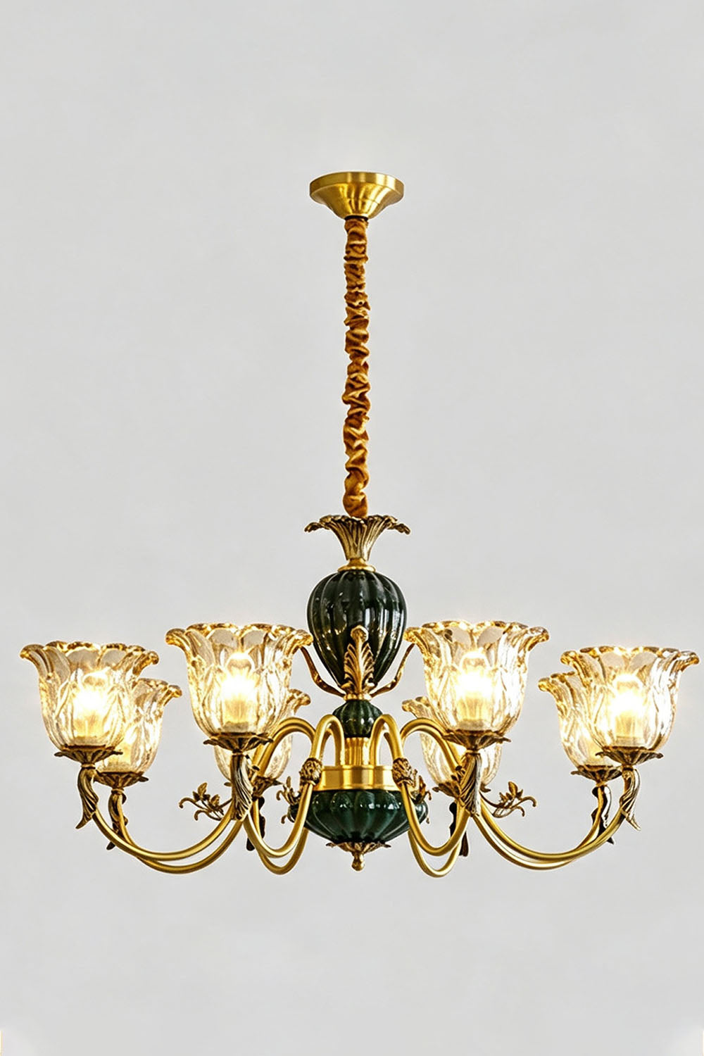 Emeric Green Porcelain and Brass Chandelier featuring ornate glass shades and elegant brass detailing.