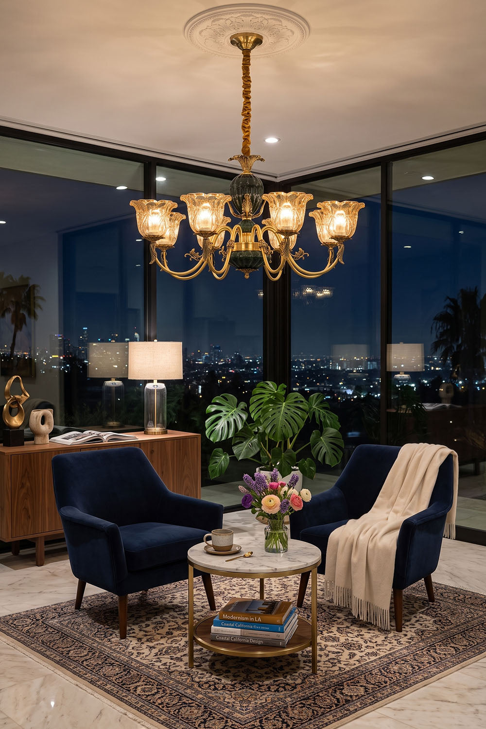 Emeric Green Porcelain and Brass Chandelier illuminating a stylish living room with modern decor.