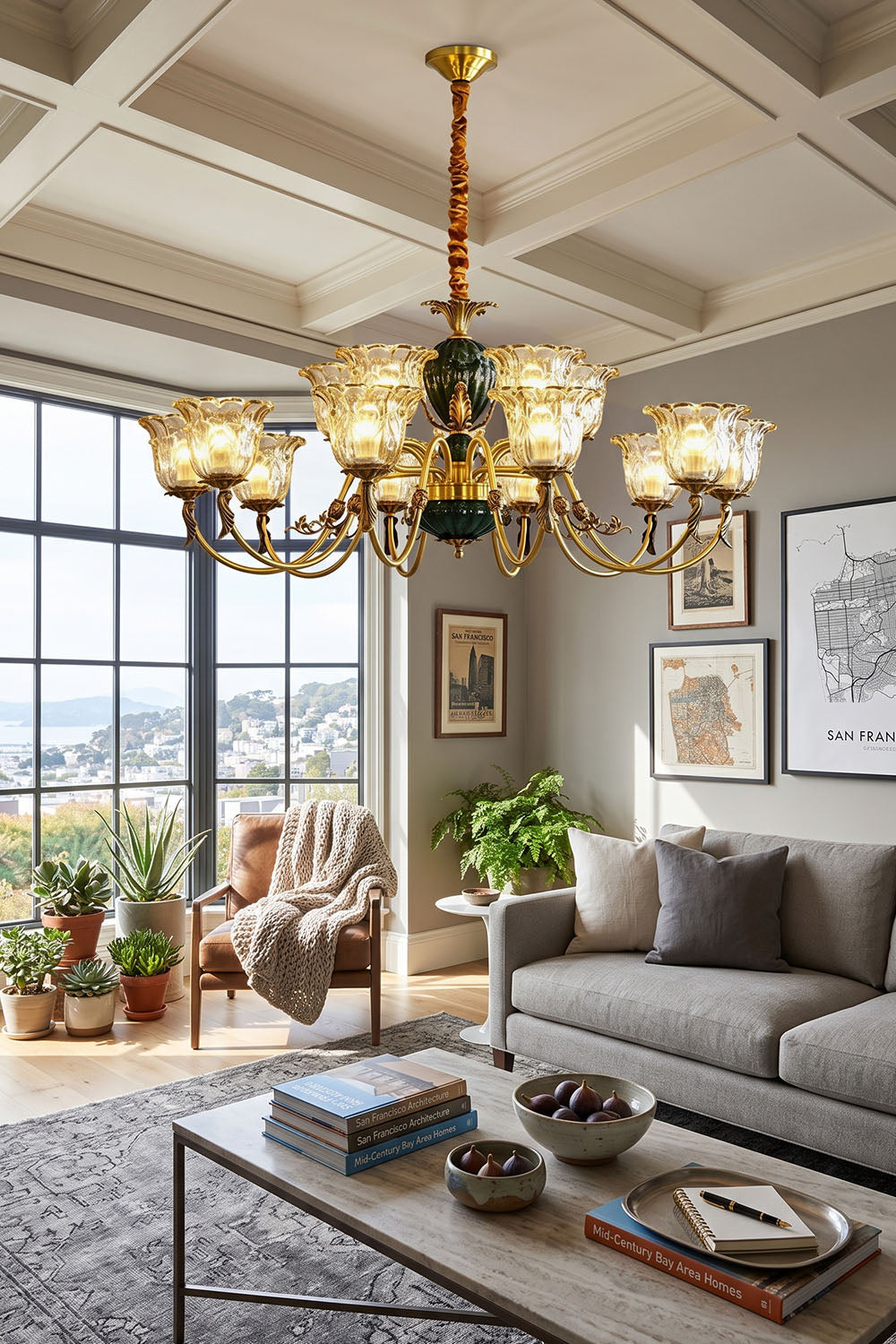 Emeric Green Porcelain and Brass Chandelier illuminating a stylish living room with modern decor and natural light.