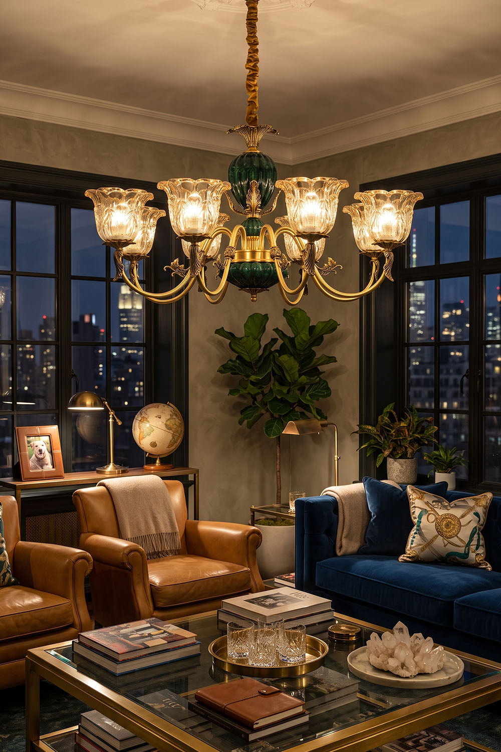 Emeric Green Porcelain and Brass Chandelier illuminating a stylish living room with elegant furnishings.