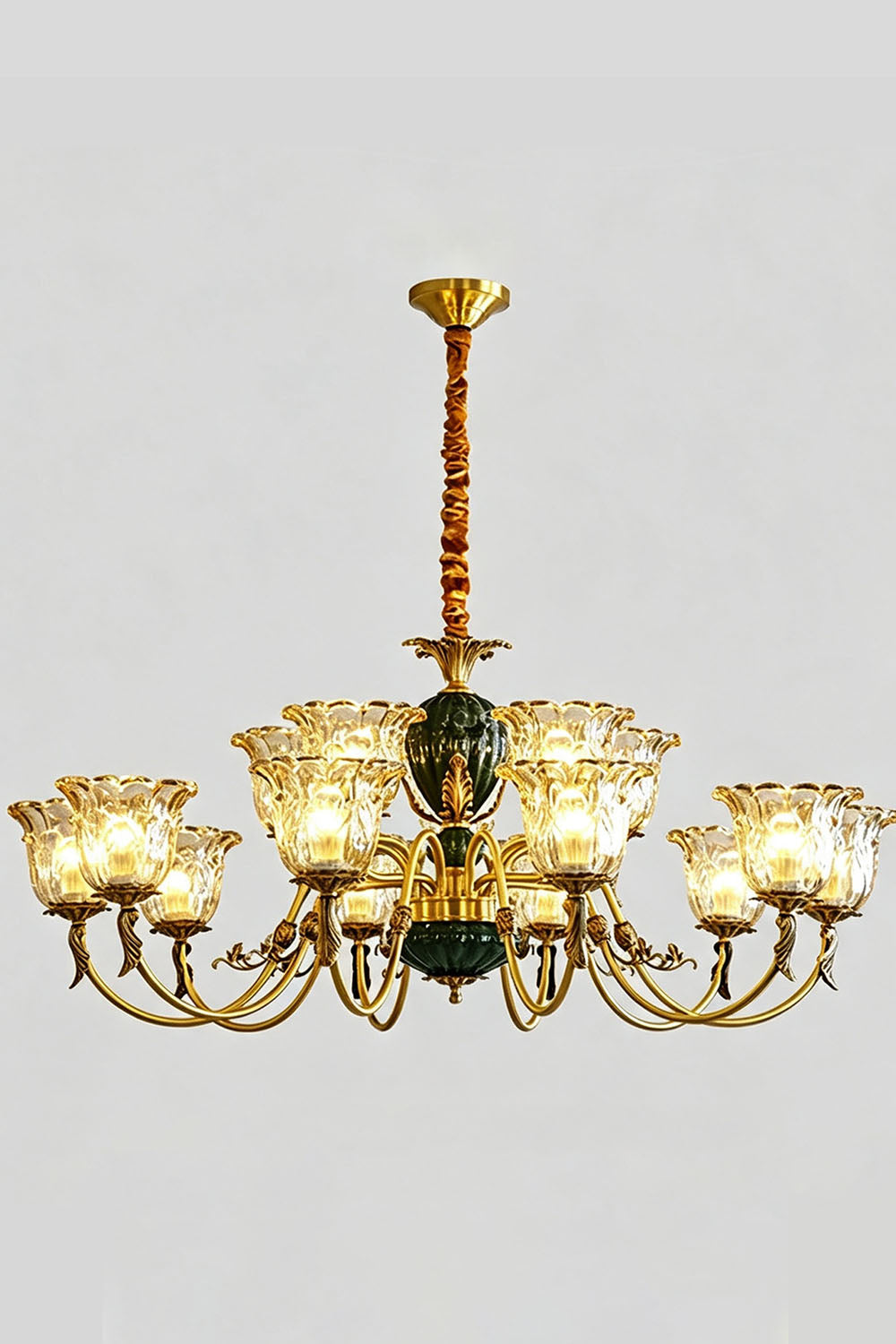 Emeric Green Porcelain and Brass Chandelier featuring ornate glass shades and elegant brass detailing.