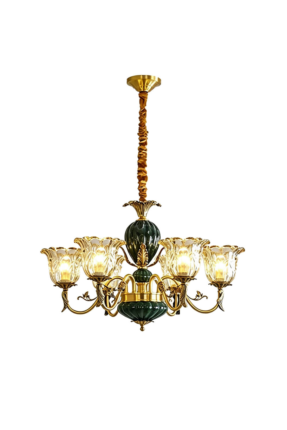 Emeric Green Porcelain and Brass Chandelier beautifully designed with elegant glass shades and brass accents.