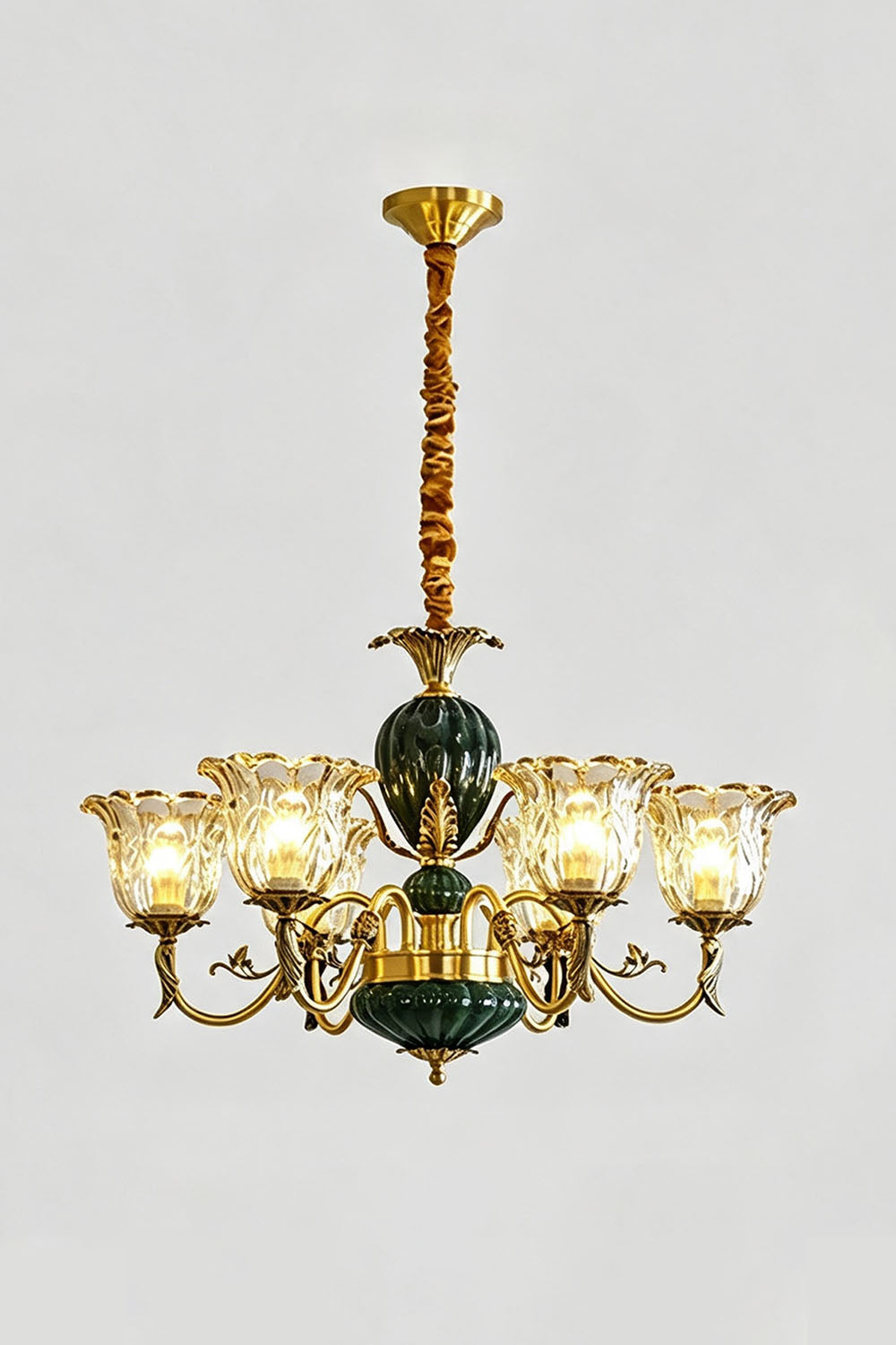 Emeric Green Porcelain and Brass Chandelier featuring ornate glass shades and elegant brass detailing.