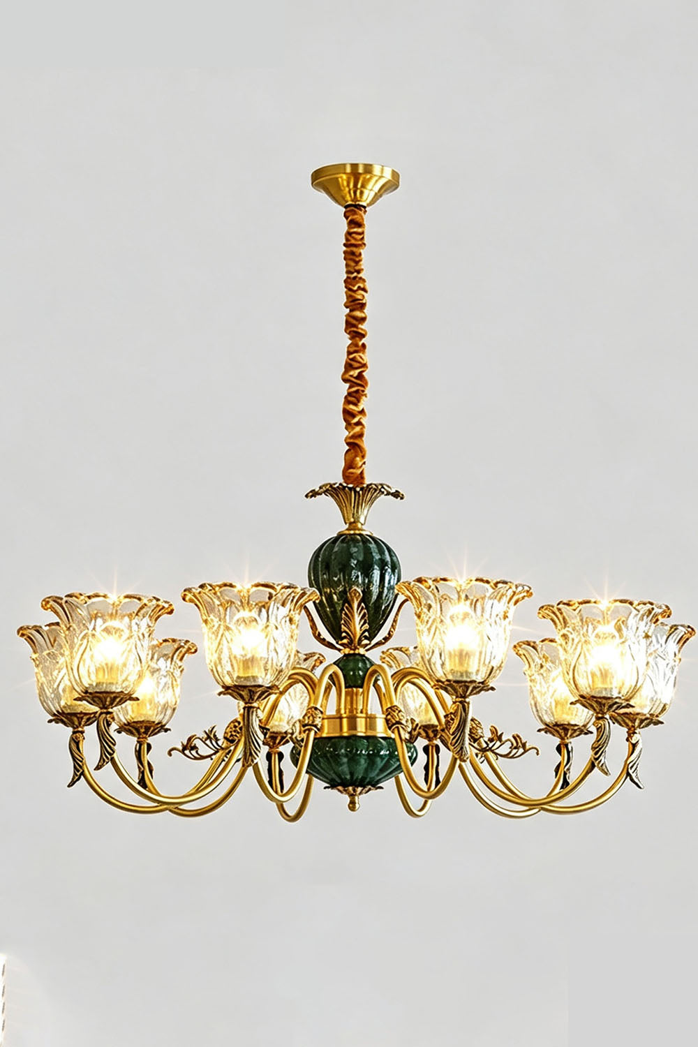 Emeric Green Porcelain and Brass Chandelier featuring ornate glass shades and elegant brass detailing.