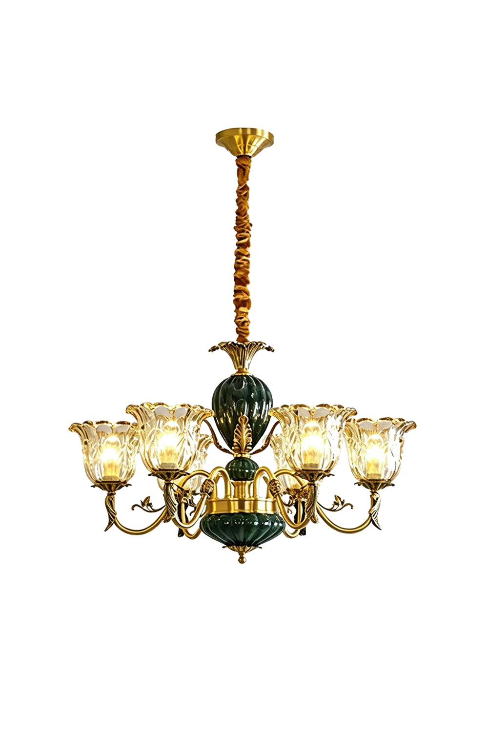 Emeric Green Porcelain and Brass Chandelier featuring elegant glass shades and brass accents