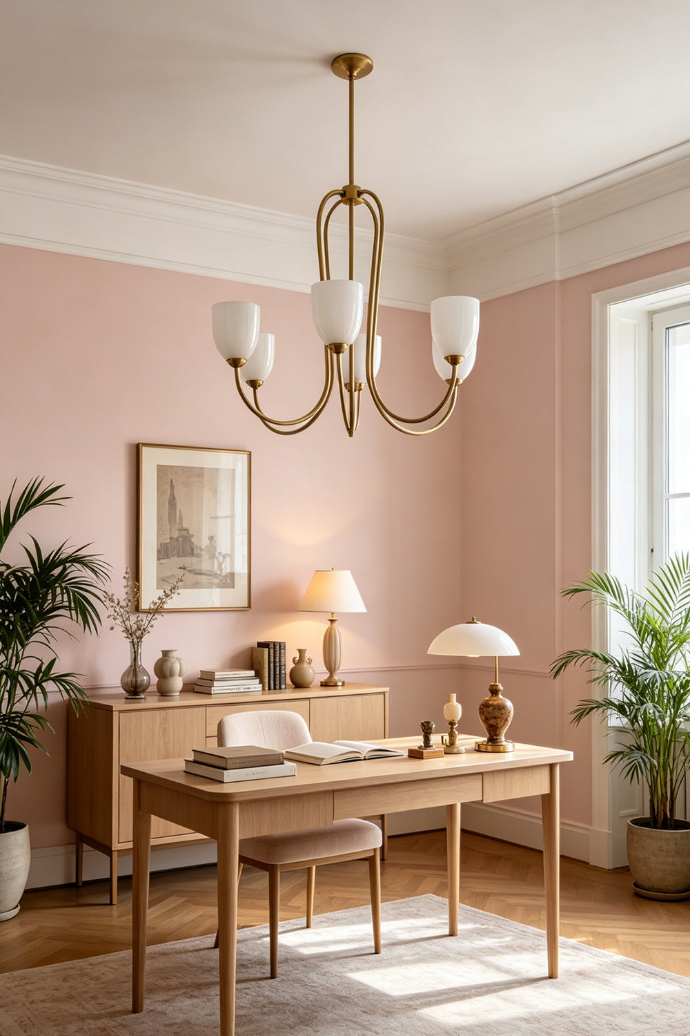 6-light Ethereal Floret Lacquer Chandelier with white shades | Metal, Glass | Over a wooden dining table in a rustic dining room | Samu Lamp