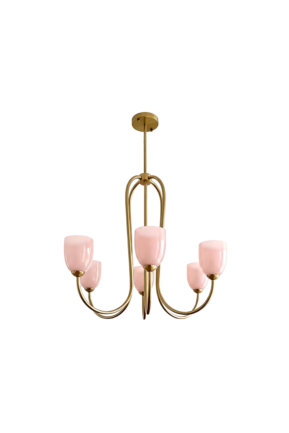 6-light Ethereal Floret Lacquer Chandelier with pink glass shades | Metal, Glass | Isolated on off-white background | Samu Lamp