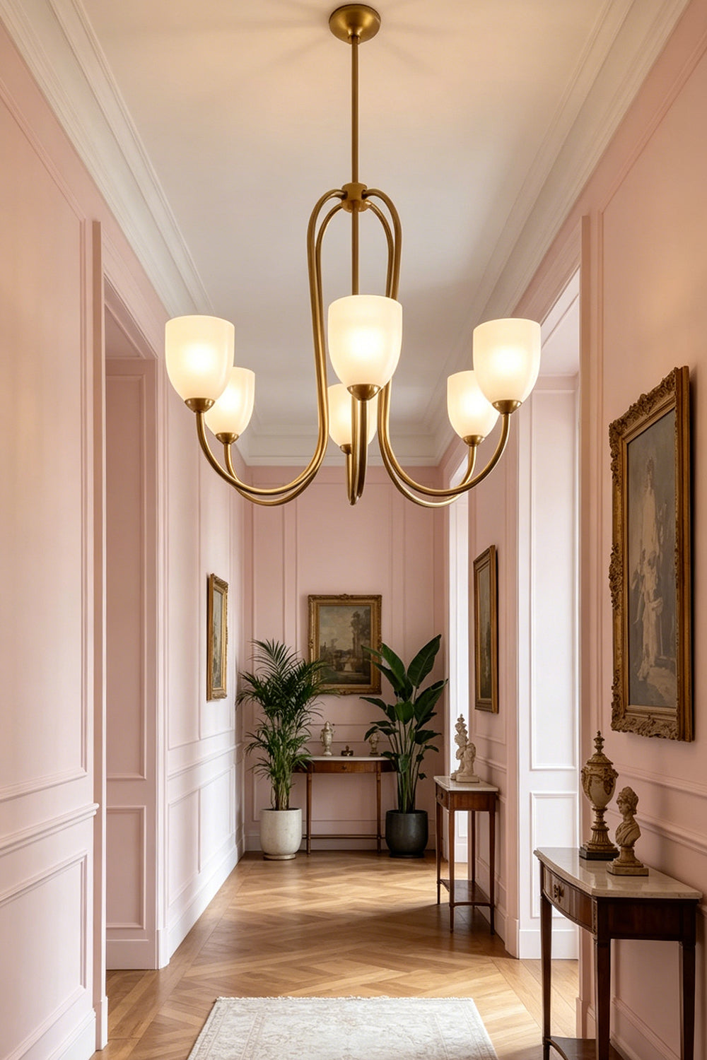 6-light Ethereal Floret Lacquer Chandelier with pink shades | Metal, Glass | Hanging in a narrow hallway with console table | Samu Lamp
