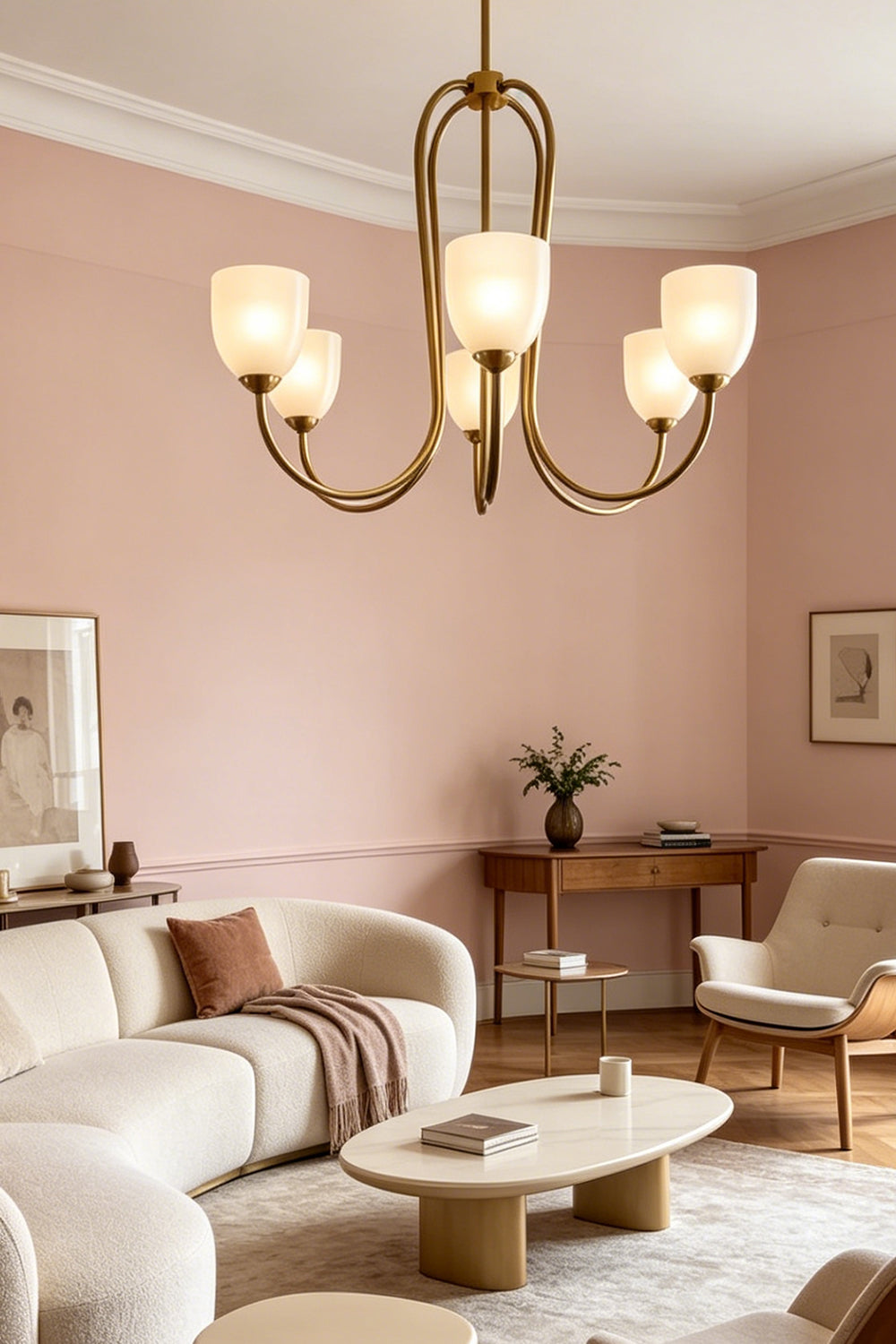 6-light Ethereal Floret Lacquer Chandelier with pink shades | Metal, Glass | Centered over a kitchen island in a modern space | Samu Lamp