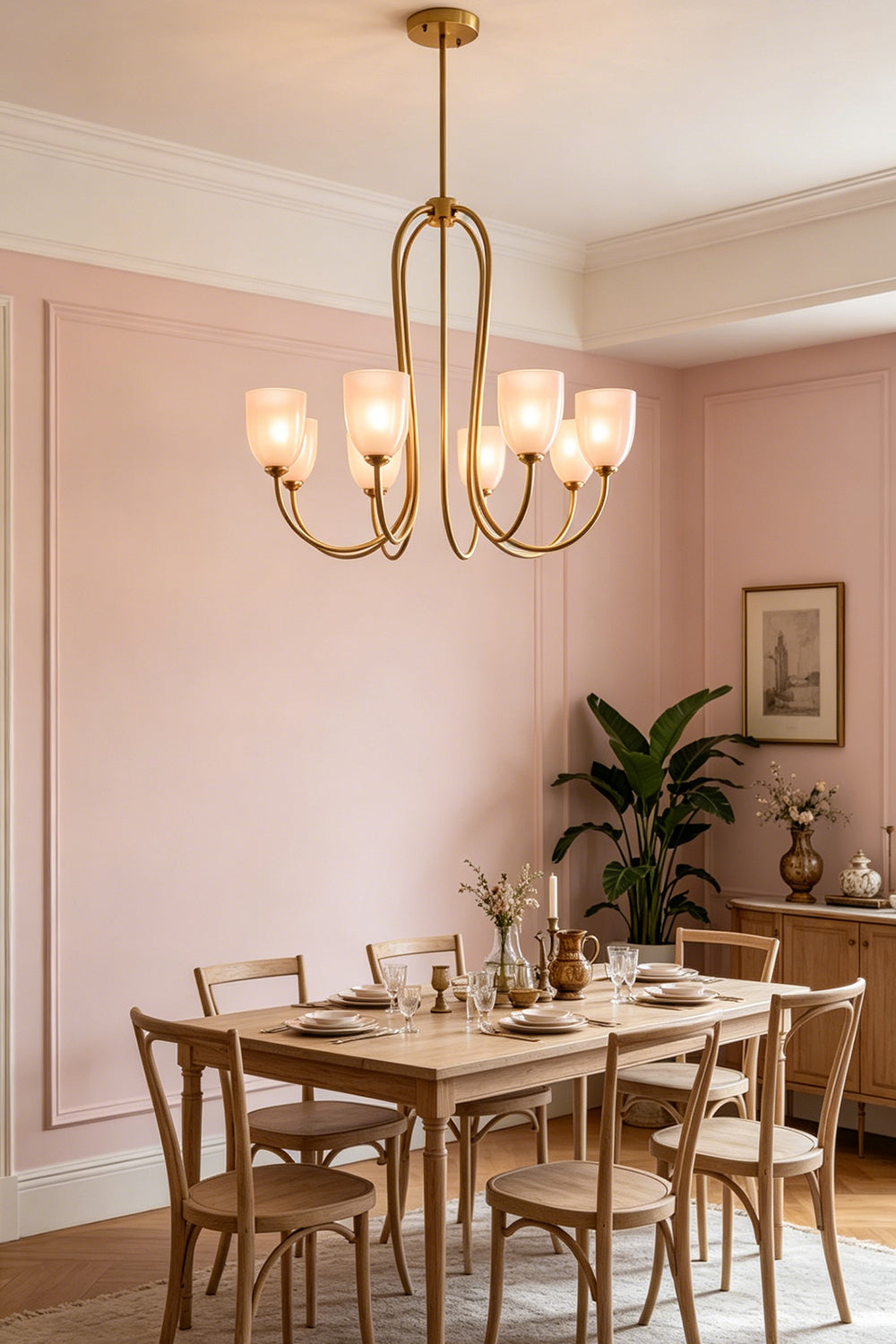 8-light Ethereal Floret Lacquer Chandelier with white shades | Metal, Glass | Over a wooden dining table in a rustic dining room | Samu Lamp