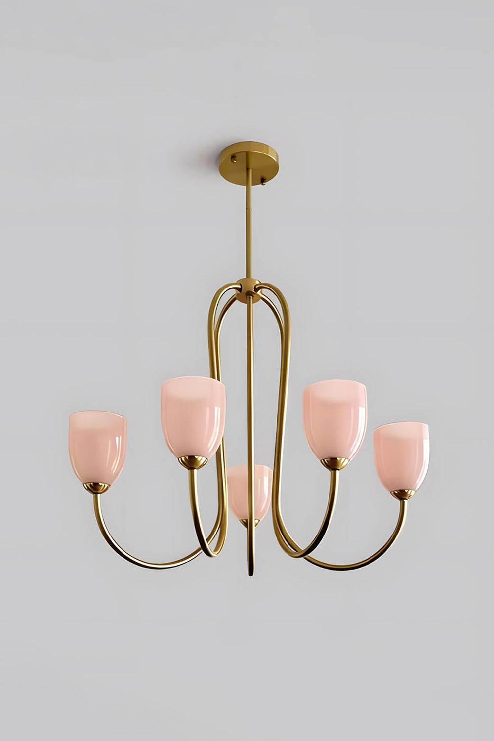 5-light Ethereal Floret Lacquer Chandelier with pink glass shades | Metal, Glass | Isolated product shot on white background | Samu Lamp