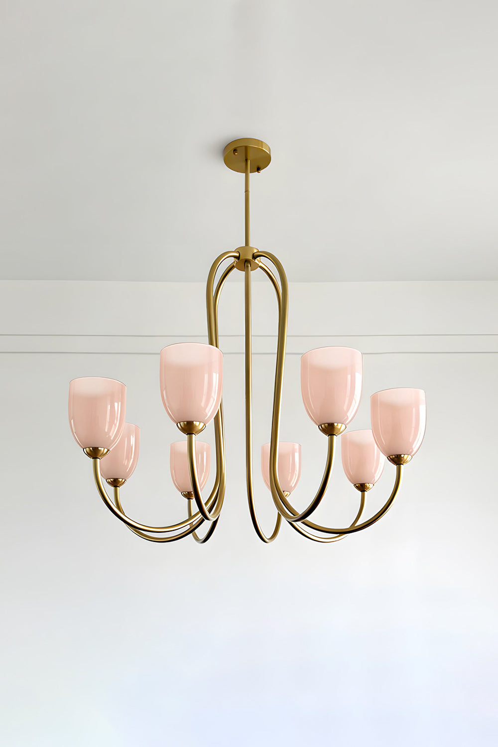 8-light Ethereal Floret Lacquer Chandelier with pink glass shades | Metal, Glass | Isolated product shot on white background | Samu Lamp