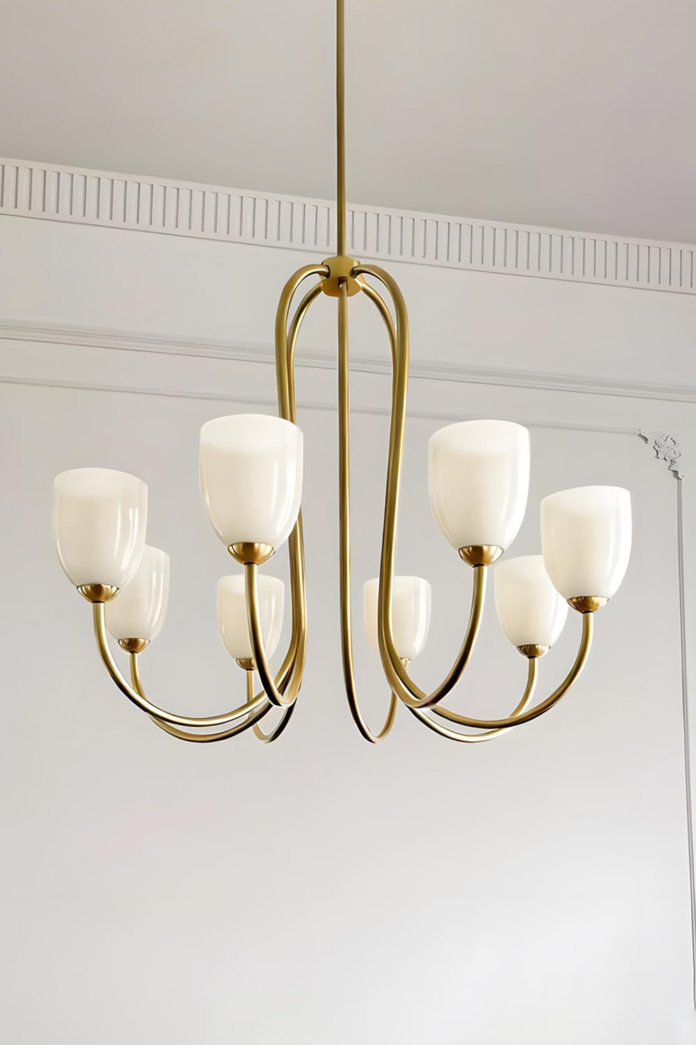 8-light Ethereal Floret Lacquer Chandelier with white glass shades | Metal, Glass | Isolated product shot on white background | Samu Lamp