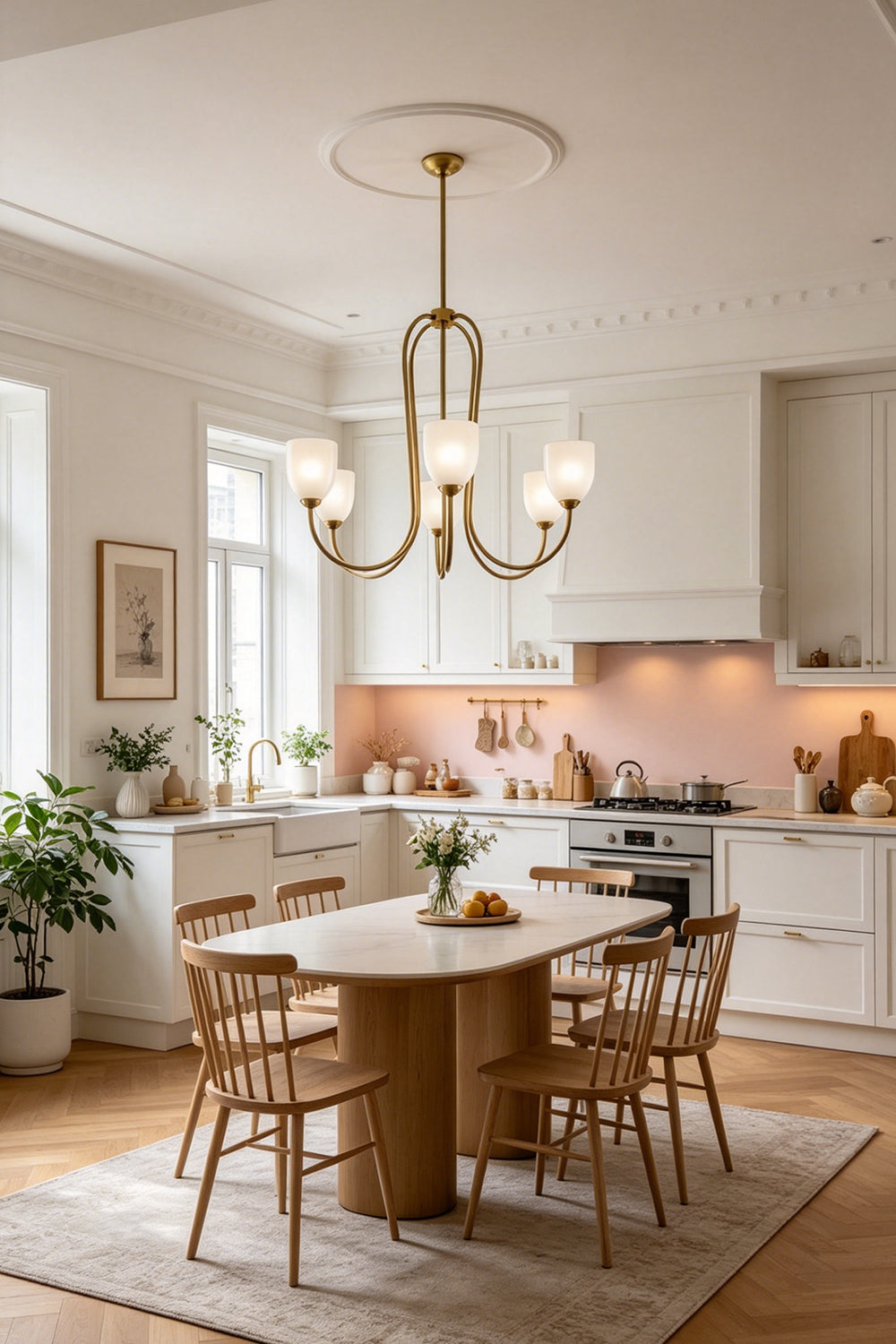 6-light Ethereal Floret Lacquer Chandelier with white shades | Metal, Glass | Over a wooden dining table in a rustic dining room | Samu Lamp