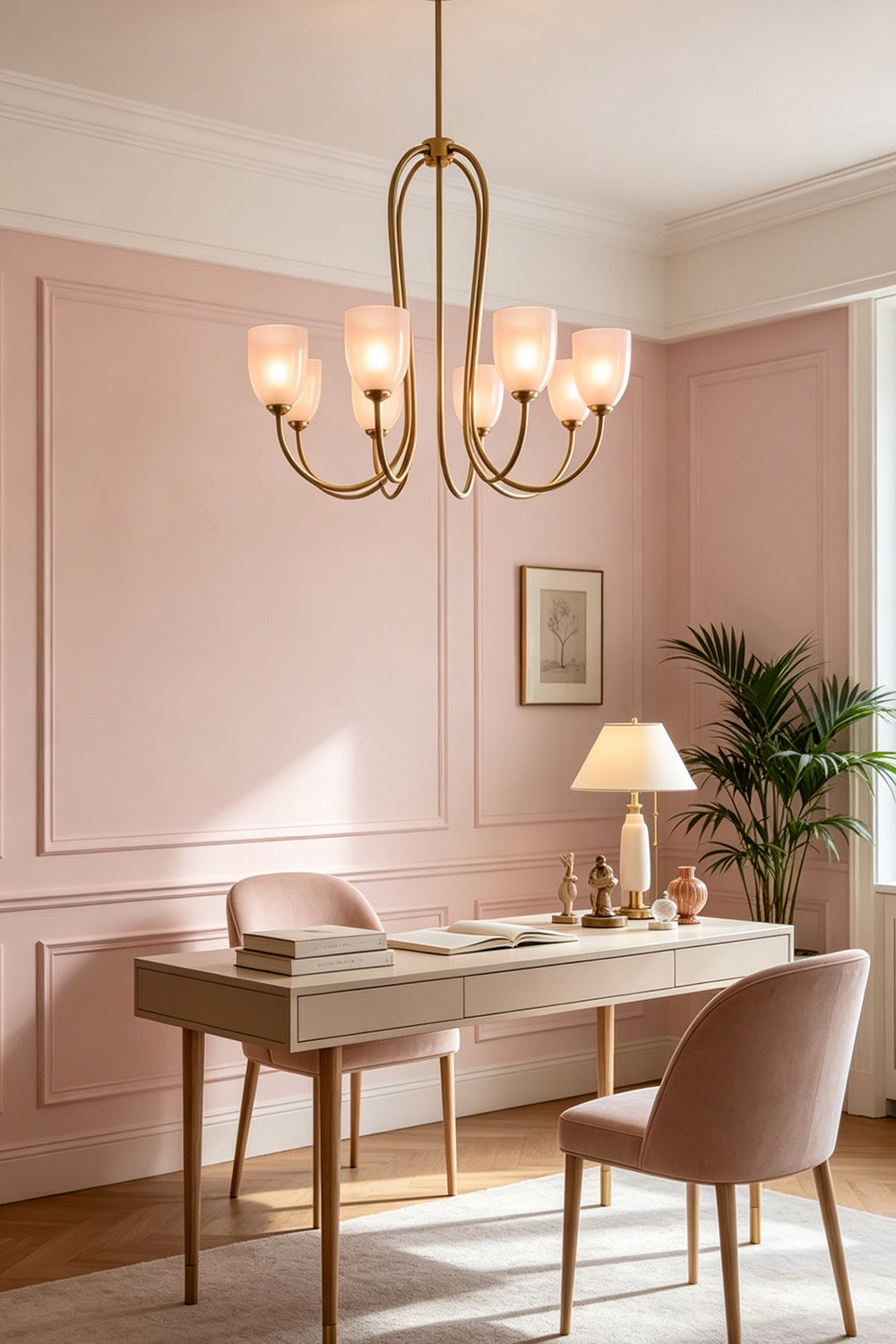 8-light Ethereal Floret Lacquer Chandelier with white shades | Metal, Glass | Centered in a modern bedroom near a window | Samu Lamp