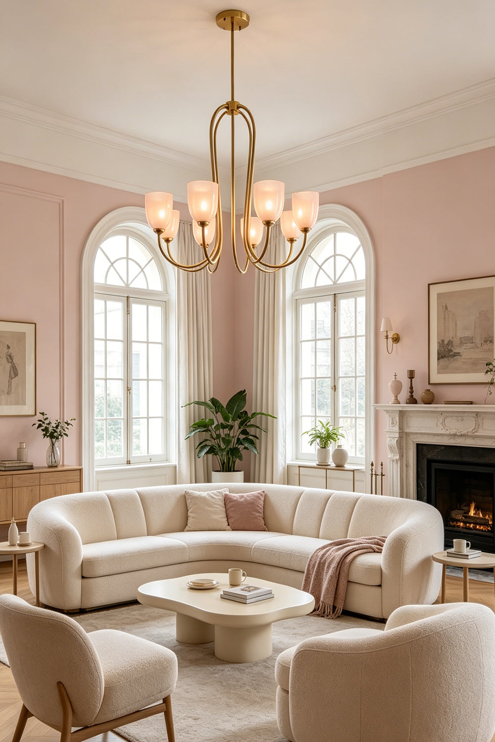Installed 8-light Ethereal Floret Lacquer Chandelier with pink shades | Metal, Glass | High-angle shot in a cozy living room with pink walls | Samu Lamp
