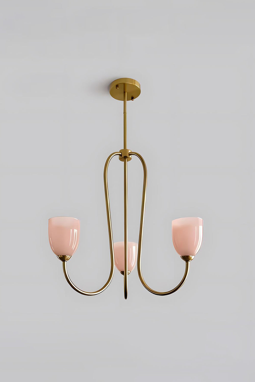 3-light Ethereal Floret Lacquer Chandelier with pink glass shades | Metal, Glass | Isolated product shot on white background | Samu Lamp
