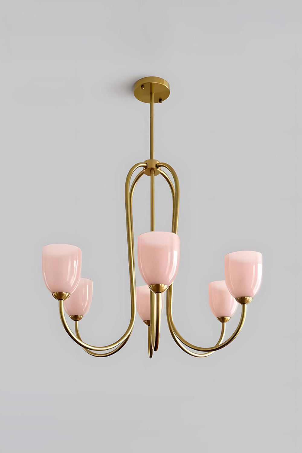 6-light Ethereal Floret Lacquer Chandelier with pink glass shades | Metal, Glass | Isolated product shot on white background | Samu Lamp