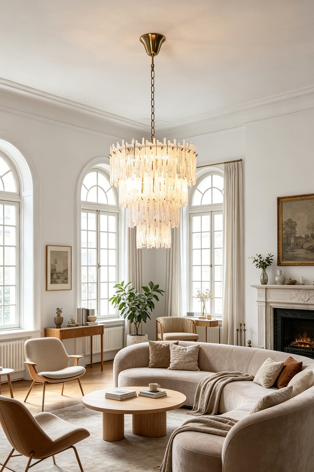Ethereal Icicle Waterfall Chandelier | Glass, Metal | Alternate view of the bright luxury living room showcasing the warm light filtering through the tiered icicle glass | Samu Lamp