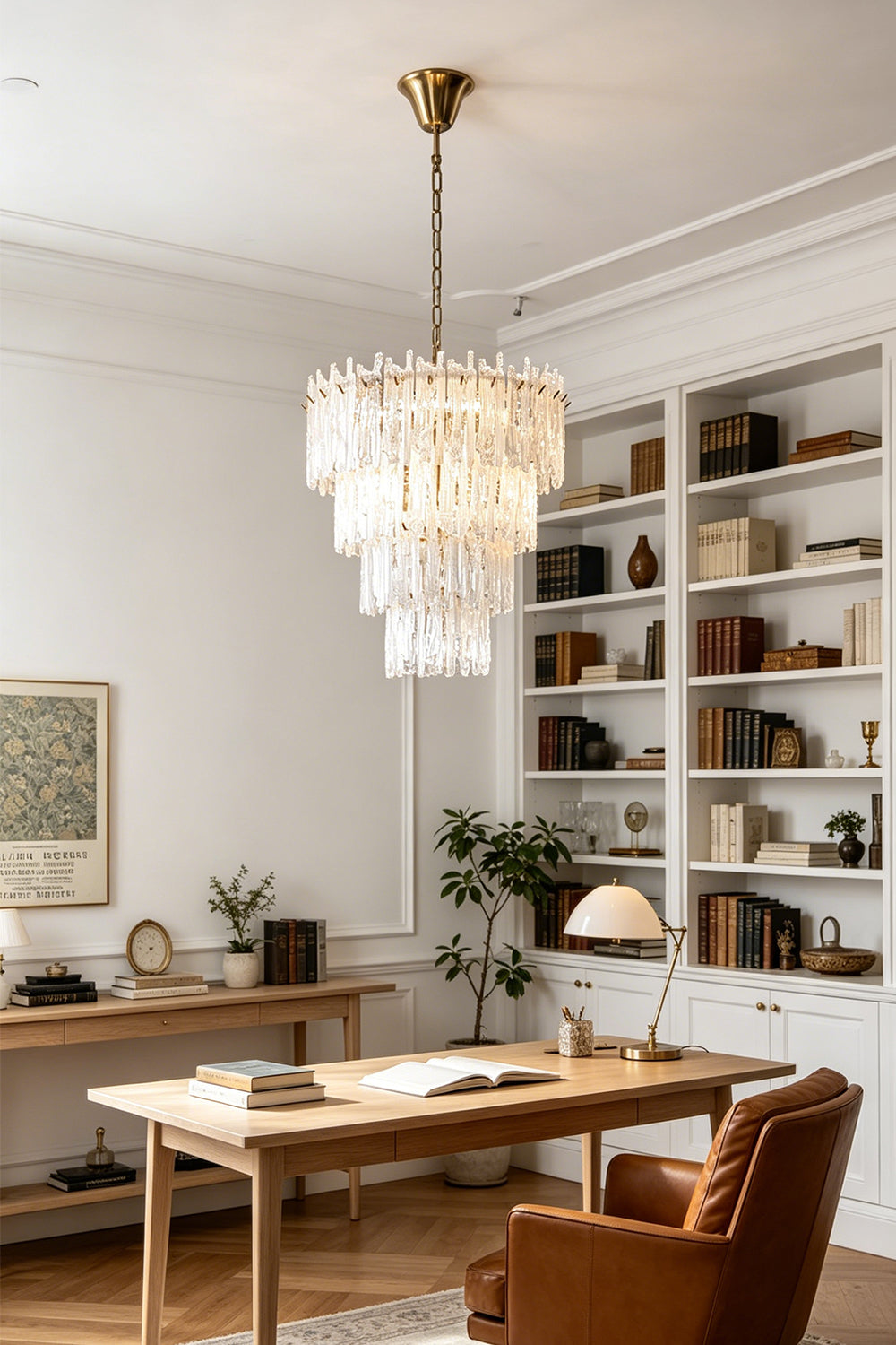Ethereal Icicle Waterfall Chandelier | Glass, Metal | Suspended as central illumination in a sophisticated home office with a wooden desk and large bookshelves | Samu Lamp